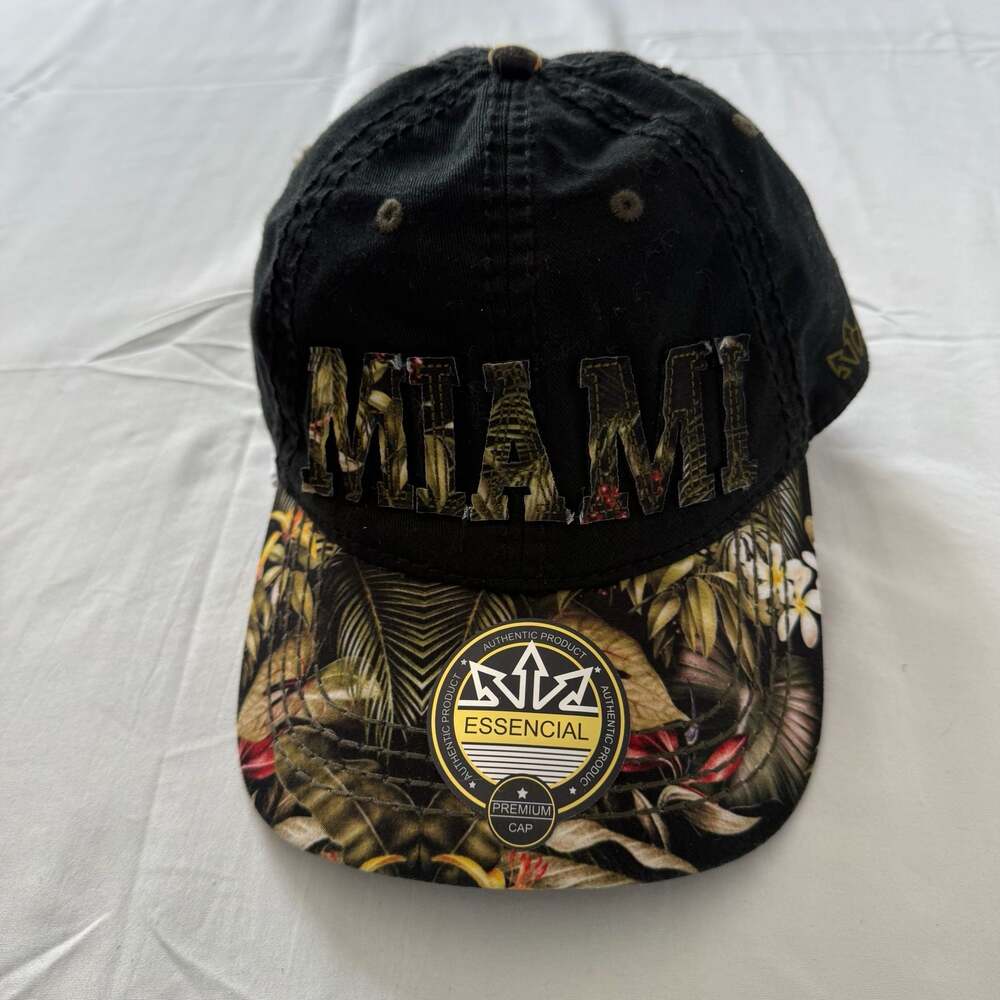 Essencial Miami Tropical Floral Brim Distressed Black Baseball Cap Hat